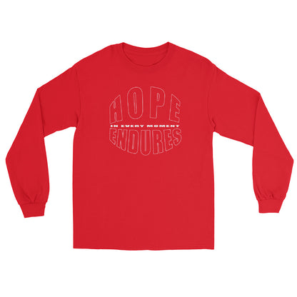 Hope Endures In the Moment design on red long sleeve t-shirt