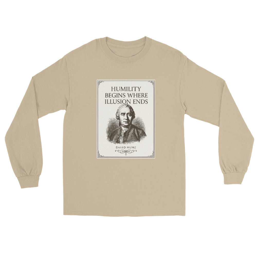 Sand long sleeve t-shirt with a poster image with an engraving of David Hume and text Humility begins where illusion ends.