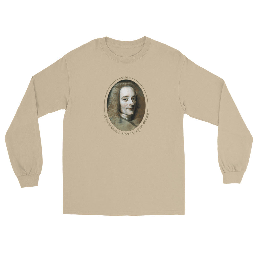 A sand long-sleeve t-shirt with a portrait of Voltaire in a circular frame on the front. Text 'Absurd beliefs lead to unjust deeds' in gold ink