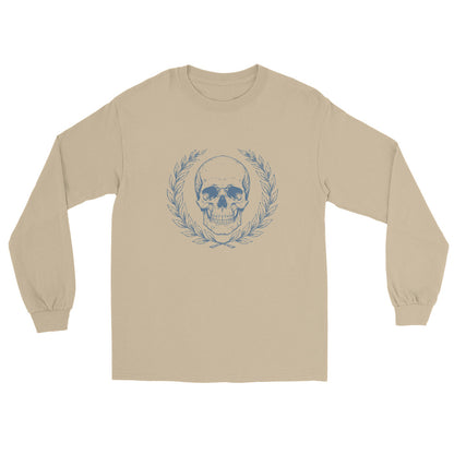 Sand long sleeve t-shirt with engraved Roman-style skull with laurel wreath in minimalist stoic philosophy design