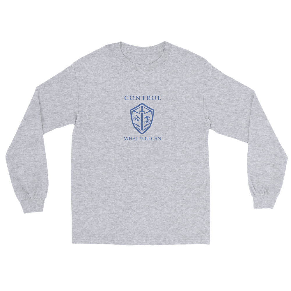 Sport grey Control What You Can Stoic philosophy long sleeve  t-shirt featuring a minimalist shield emblem with structured serif typography in a clean symmetrical design.