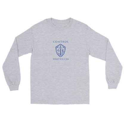 Sport grey Control What You Can Stoic philosophy long sleeve  t-shirt featuring a minimalist shield emblem with structured serif typography in a clean symmetrical design.