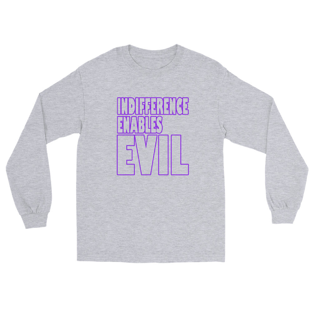 Sport grey long sleeve t-shirt with outlined bold text INDIFFERENCE ENABLES EVIL