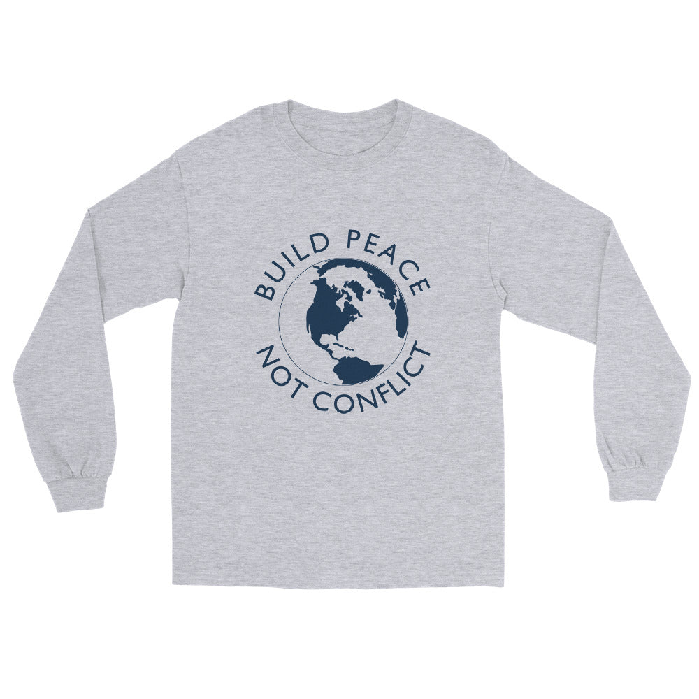Sport grey long sleeve t-shirt with Earth graphic and the words “Build Peace Not Conflict” in a circular design, inspired by Kant’s Perpetual Peace philosophy