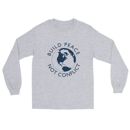 Sport grey long sleeve t-shirt with Earth graphic and the words “Build Peace Not Conflict” in a circular design, inspired by Kant’s Perpetual Peace philosophy