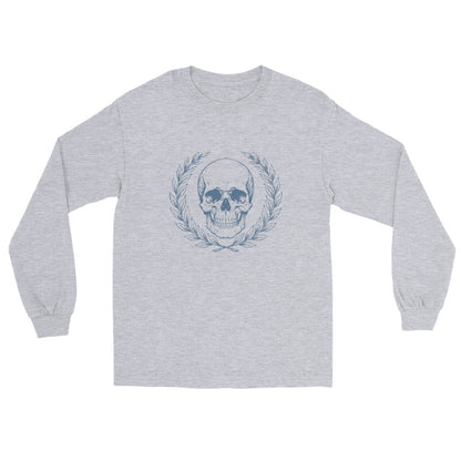 Sport grey long sleeve t-shirt with engraved Roman-style skull with laurel wreath in minimalist stoic philosophy design