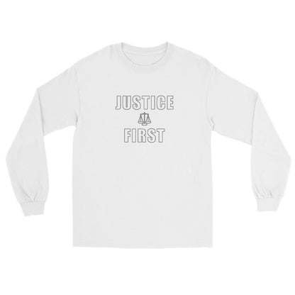 White long sleeve t-shirt with outlined block letters text 'Justice First' and scales of justice
