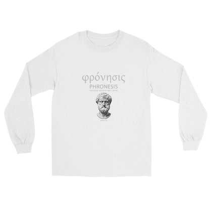 A white long-sleeve crewneck t-shirt featuring a silver graphic print of Aristotle's bust and the Greek word 'Φιου' (Phronesis) with the subtitle 'Practical Wisdom Since 350 BC'.