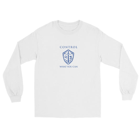 White Control What You Can Stoic philosophy long sleeve  t-shirt featuring a minimalist shield emblem with structured serif typography in a clean symmetrical design.