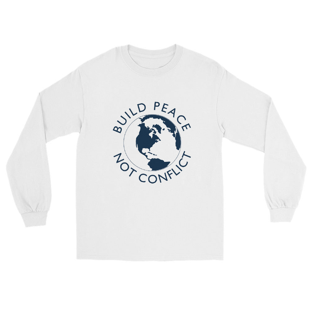 White long sleeve t-shirt with Earth graphic and the words “Build Peace Not Conflict” in a circular design, inspired by Kant’s Perpetual Peace philosophy