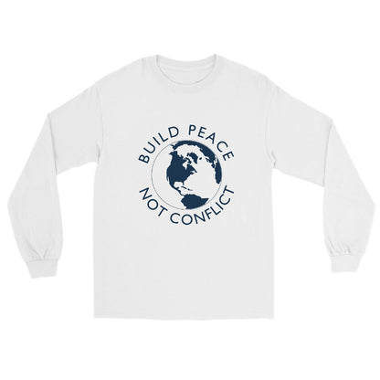White long sleeve t-shirt with Earth graphic and the words “Build Peace Not Conflict” in a circular design, inspired by Kant’s Perpetual Peace philosophy