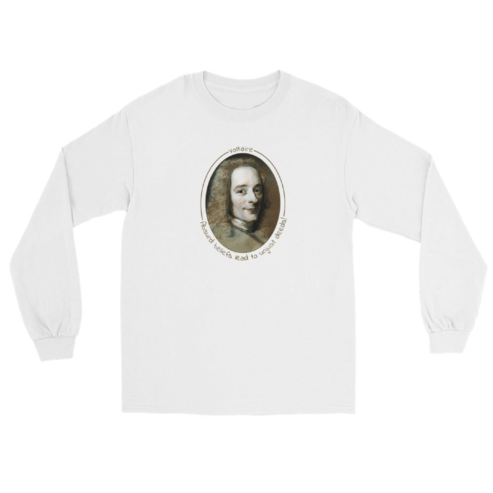 A white long-sleeve t-shirt with a portrait of Voltaire in a circular frame on the front. Text 'Absurd beliefs lead to unjust deeds' in gold ink
