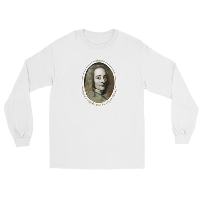 A white long-sleeve t-shirt with a portrait of Voltaire in a circular frame on the front. Text 'Absurd beliefs lead to unjust deeds' in gold ink