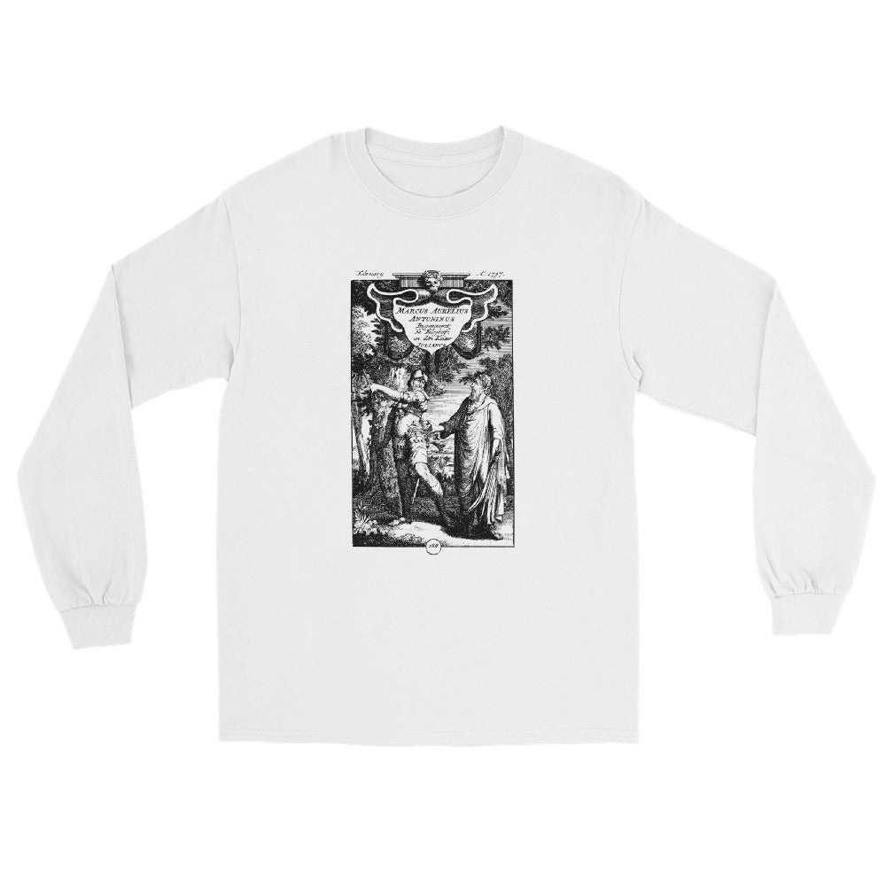 White long sleeve t-shirt showing a historic engraving featuring Marcus Aurelius and Julian the Apostate
