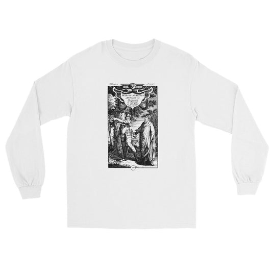 White long sleeve t-shirt showing a historic engraving featuring Marcus Aurelius and Julian the Apostate