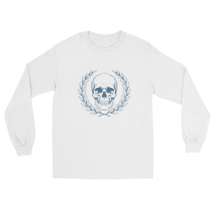 White long sleeve t-shirt with engraved Roman-style skull with laurel wreath in minimalist stoic philosophy design