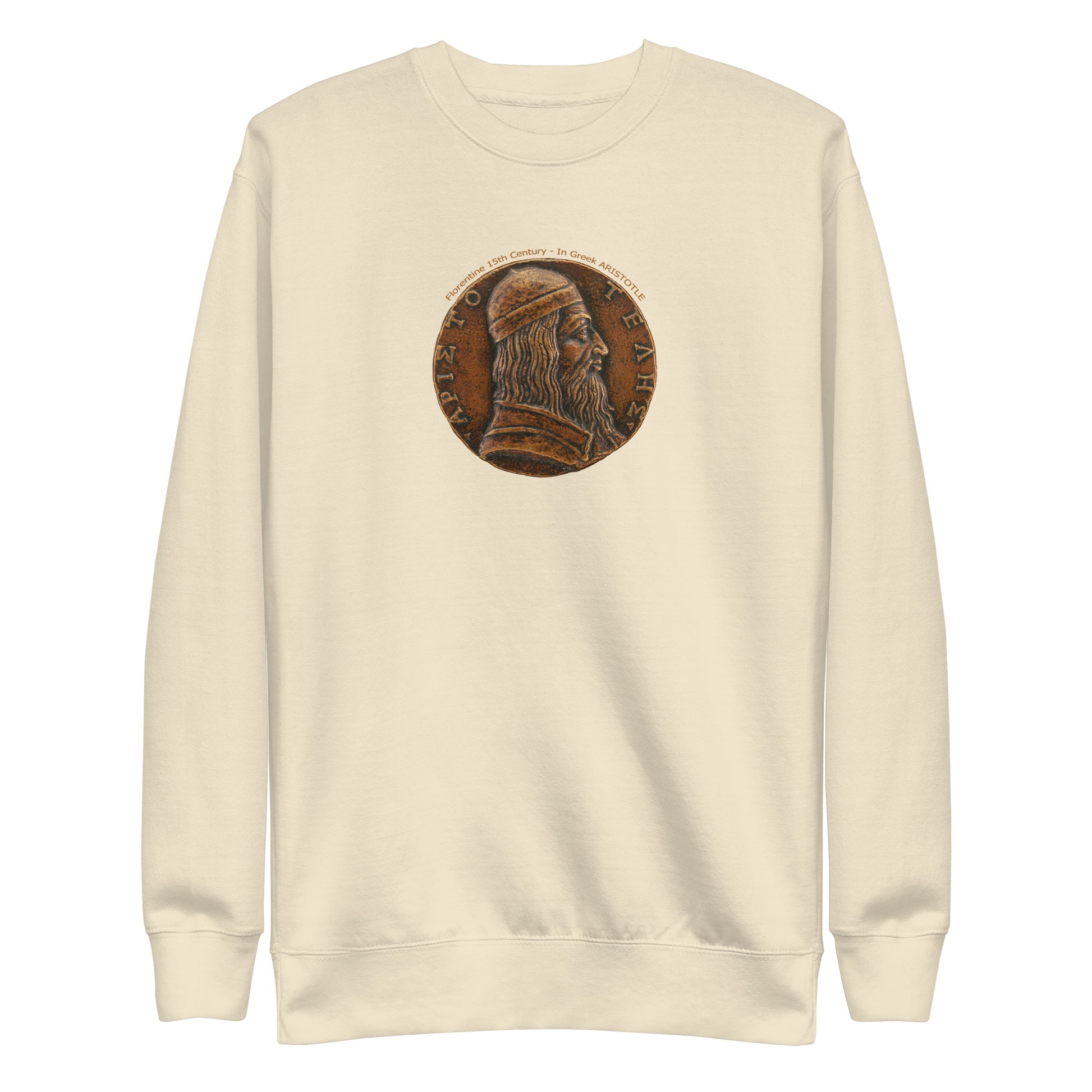 Bone unisex premium sweatshirt with an image of a 15th century Florentine Aristotle coin dark gold/bronze color on the front.