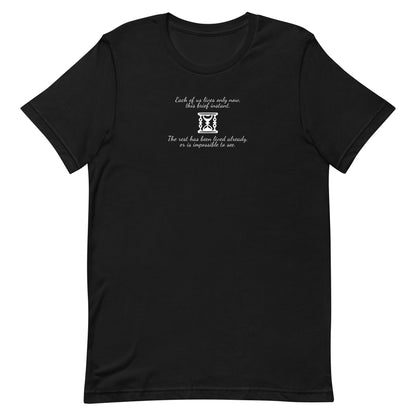 Marcus Aurelius quote black t-shirt with hourglass design – ‘Each of us lives only now, this brief instant. The rest has been lived already, or is impossible to see.’ Stoic philosophy unisex tee.