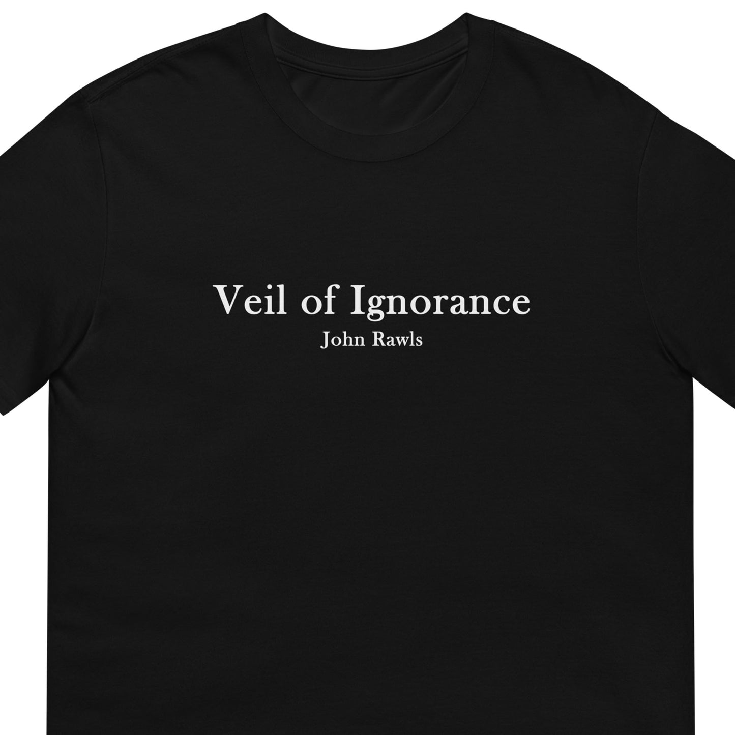 Black t-shirt with 'Veil of Ignorance John Rawls' text on a white background